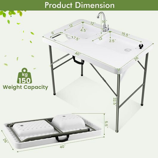 Fish Cleaning Table with 2 Sinks and 360?° Rotatable Fauce-White